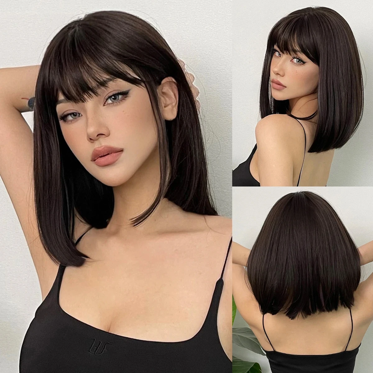 Color: #60, Stretched Length: 12inches - Bob Black Synthetic Wigs Straight Cosplay Short Daily Natural Looking Hair Wig with Bangs Heat Resistant Fiber for Women Afro