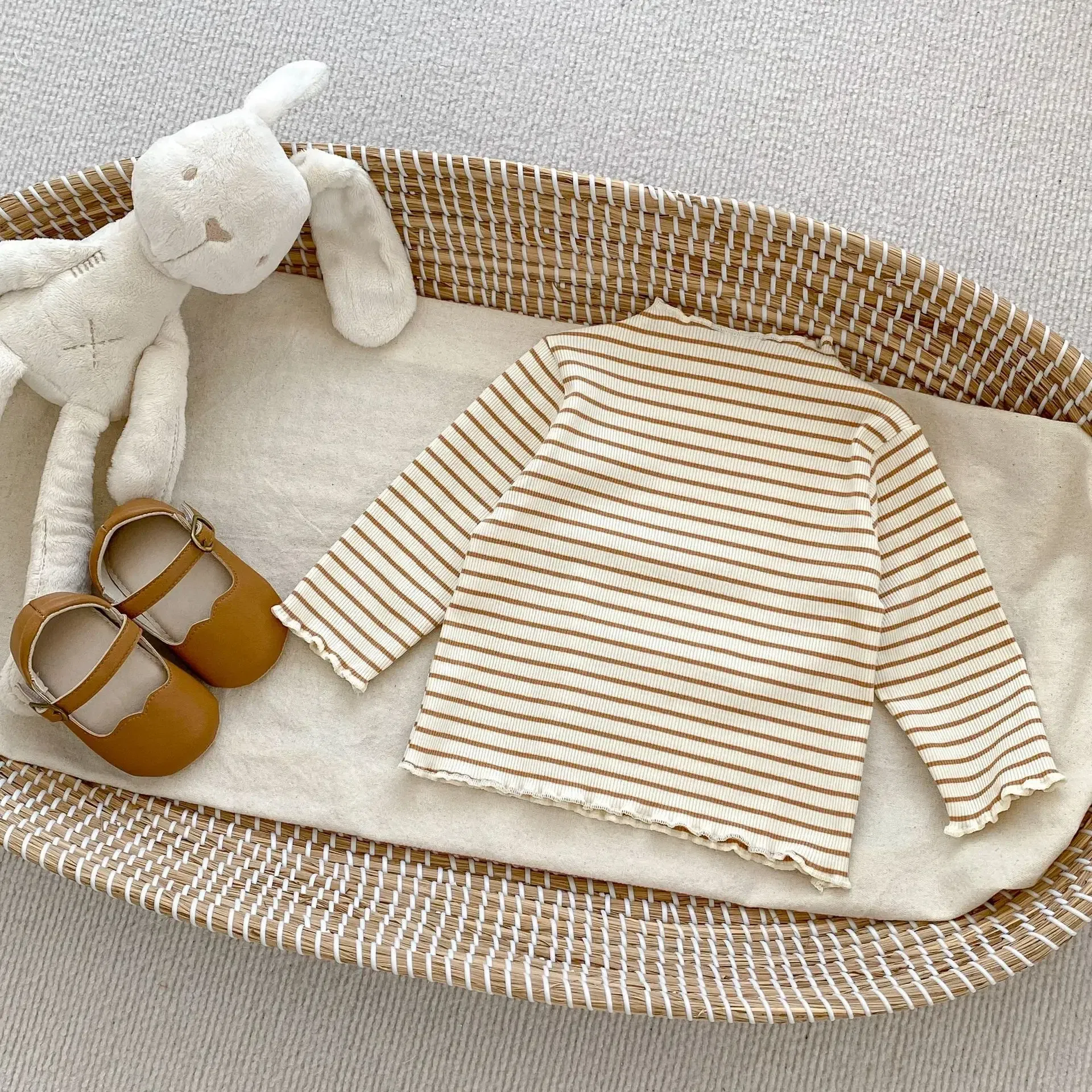 Color: Blue, Kid Size: 12M - New Baby Long Sleeve T Shirt Girls Cotton Casual Tees Infant Ruffled Versatile Shirts Kids Floral Striped Bottoming Tops