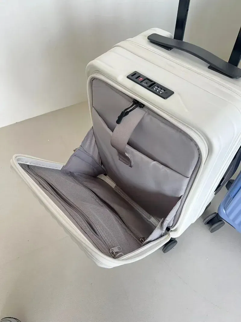 Color: Beige, Luggage Size: 16Inches 400mm, Ships From: CHINA - 2025 New 20-inch PC Hard Shell Lightweight Roller Travel Expandable Multifunctional Front Opening Suitcase Cabin Trolley Case