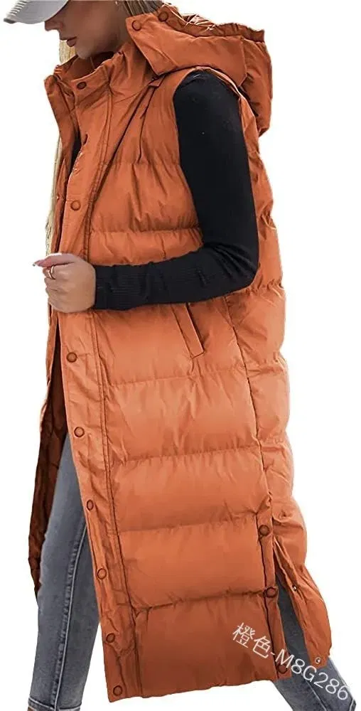 Color: Orange, Size: XXXL - Hooded Zipper Jacket Women Oversize Waistcoat Winter Outerwear Hooded Parka Fashion Quilted Vest Casual