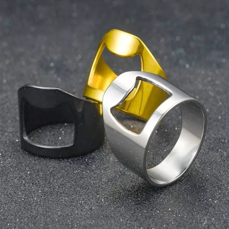 Main Stone Color: black, Ring Size: 10 - VIVILADY Titanium Stainless Steel Creative Bottle Opener Ring Jewelry For Unisex Punk Simple Fashion Party Bar Gift Wholesale