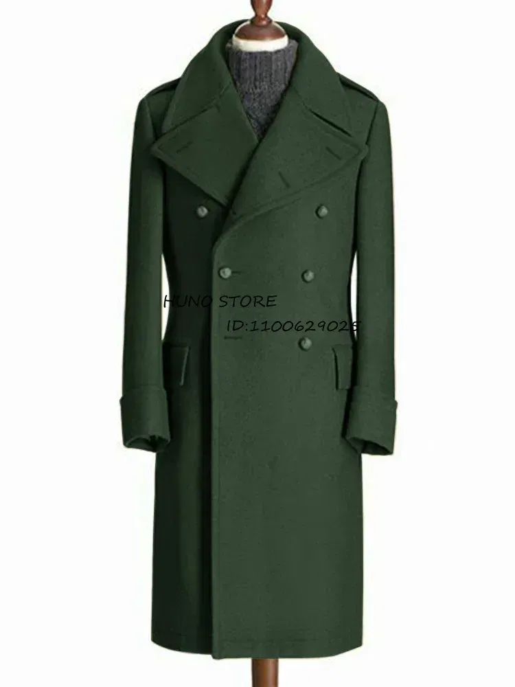 Color: green, Size: M - Windbreak Men's Jacket Wool Long Coat Lapel Double Breasted Men's Trench Coats Windbreakers Jackets Man Winter 2023 Martens Male