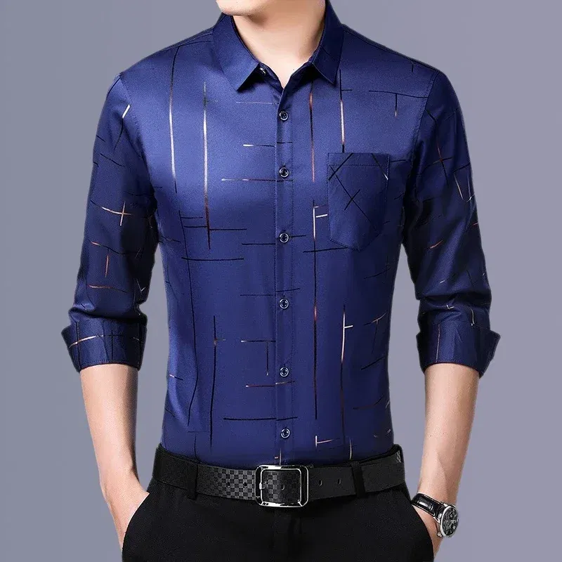 Color: Blue, Size: S - Men's Casual and Fashionable Long Sleeved Printed Shirt, Non Ironing and Wrinkle Resistant Business Top