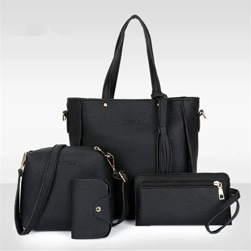 Color: black - 4pcs Elegant Minimalist Women'S Shoulder Bag, Handbag, Crossbody Bag, Women Storage Bag, Holiday Gift, Synthetic, Zipper Closure
