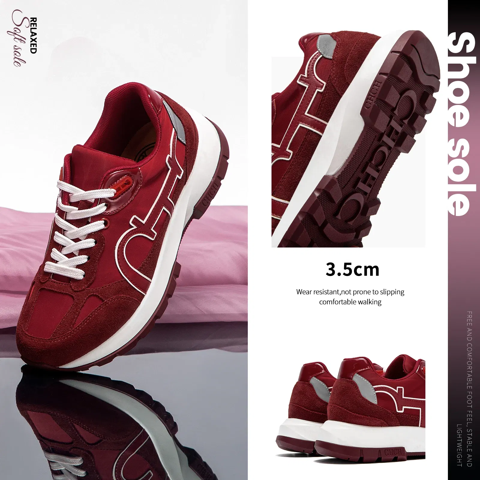 CHCH Women's Casual Shoes 2024 New Wine Red Retro Cow Leather Splicing Design Walking Shoes Skeleton Correction