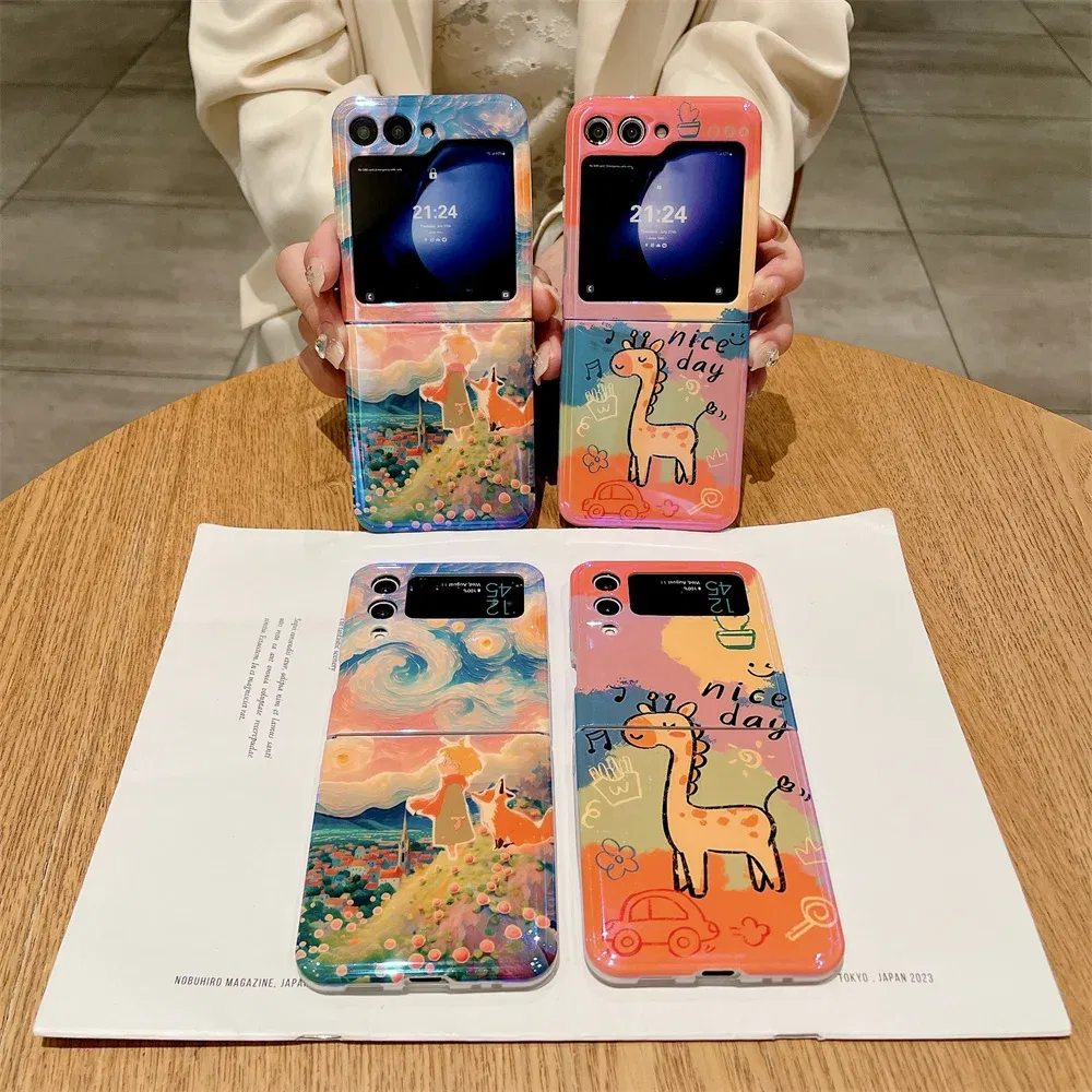 Material: Aluminum, Color: Sky blue - Cute Lazy Cat Deer Oil Painting Z Flip 3 4 5 Case Luxury for Samsung Galaxy Z Flip 4 3 5 Z4 Flip4 Flip3 Flip5 Fashion Cover