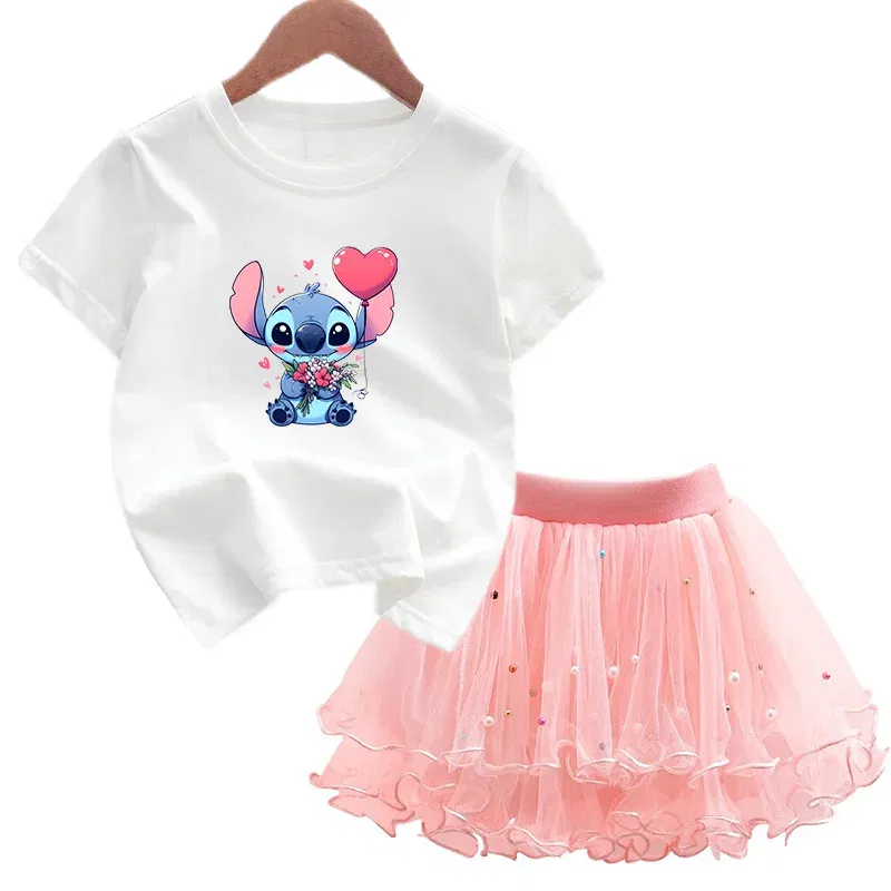 Color: Pink, Kid Size: 4 - 2pcs Lilo Stitch Summer Girls Outfits Cartoon T-shirt and Tutu Skirt Princess Clothes Suit Children Birthday Clothing Sets