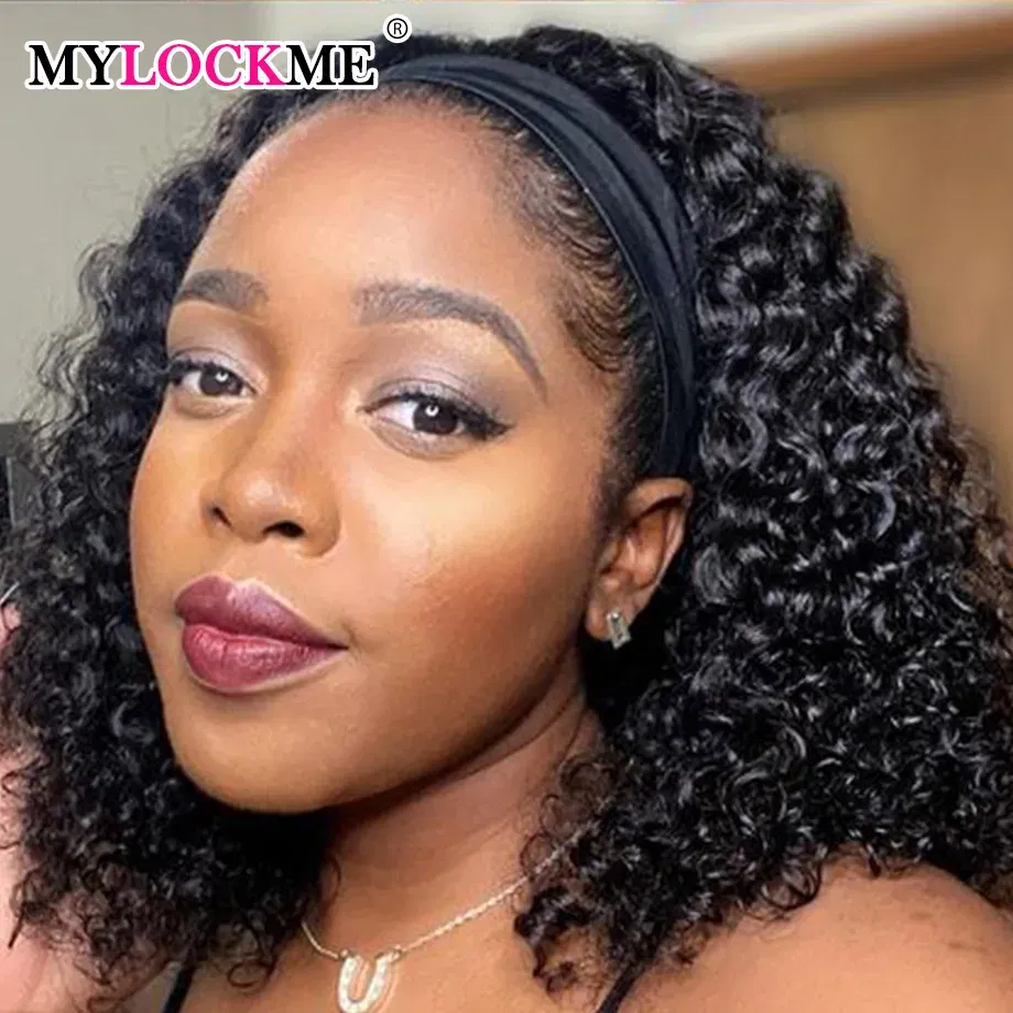 Hair Color: #27R, Stretched Length: 12INCHES - Headband Wig Human Hair Kinky Curly MYLOCKME No Glue Full Machine Made Brazilian Remy Human Hair Wigs For Women 180% Density