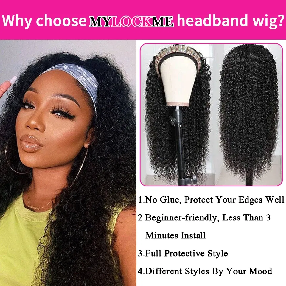 Hair Color: #27R, Stretched Length: 12INCHES - Headband Wig Human Hair Kinky Curly MYLOCKME No Glue Full Machine Made Brazilian Remy Human Hair Wigs For Women 180% Density