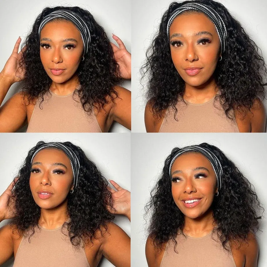 Hair Color: #27R, Stretched Length: 12INCHES - Headband Wig Human Hair Kinky Curly MYLOCKME No Glue Full Machine Made Brazilian Remy Human Hair Wigs For Women 180% Density