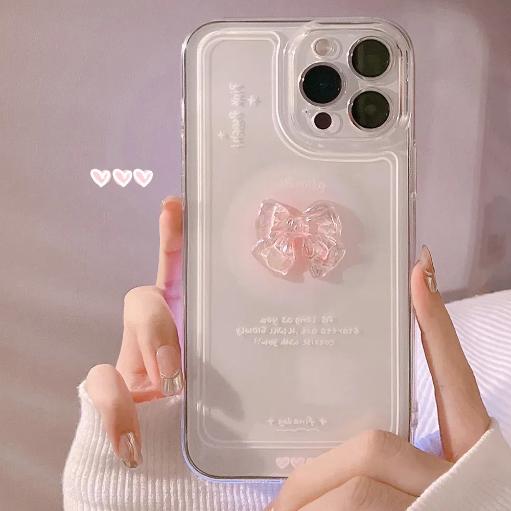 Material: Polyester, Color: WHITE - NEW 3D Bow Transparent Mobile Phone Case For IPhone 15 14 Plus 13 Pro Max 12 Pro 11 Stereo Crystal Candy Cute Full Soft Cover