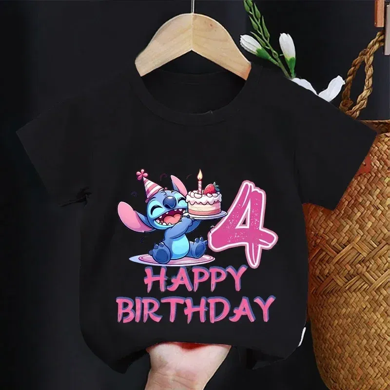 Color: Khaki, Kid Size: 5 - Lilo Stitch Children T-shirt Birthday 3-10 Years Boy Girl Clothing Summer Cartoon Print Tshirt Short Sleeve Cotton Top Baby Tee