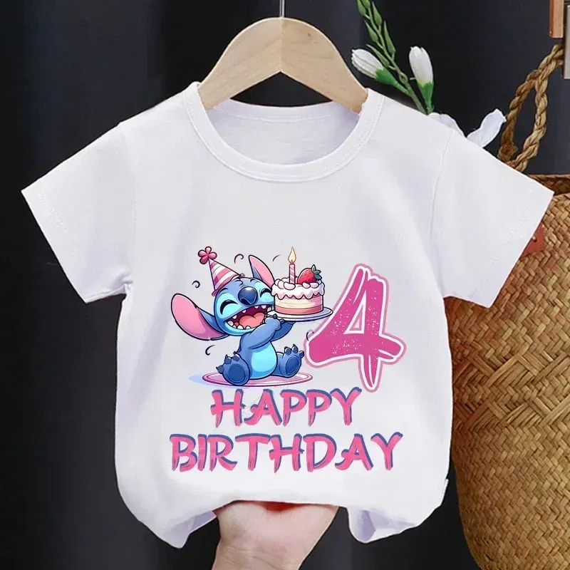 Color: Khaki, Kid Size: 5 - Lilo Stitch Children T-shirt Birthday 3-10 Years Boy Girl Clothing Summer Cartoon Print Tshirt Short Sleeve Cotton Top Baby Tee