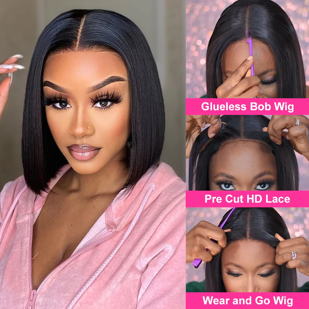 Hair Color: #1, Ships From: United States, Stretched Length: 14inches, Density: 150% - Wear And Go Glueless Bob Wig Human Hair 7x5 HD Lace Closure Human Hair Pre Plucked  No Glue Pre Cut Ready To Wear Frontal Wig