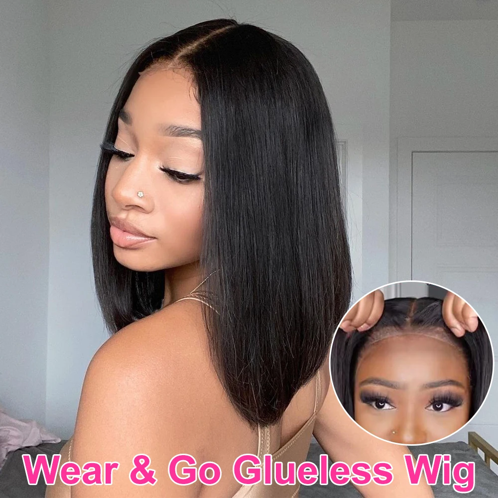 Hair Color: #1, Ships From: United States, Stretched Length: 14inches, Density: 150% - Wear And Go Glueless Bob Wig Human Hair 7x5 HD Lace Closure Human Hair Pre Plucked  No Glue Pre Cut Ready To Wear Frontal Wig
