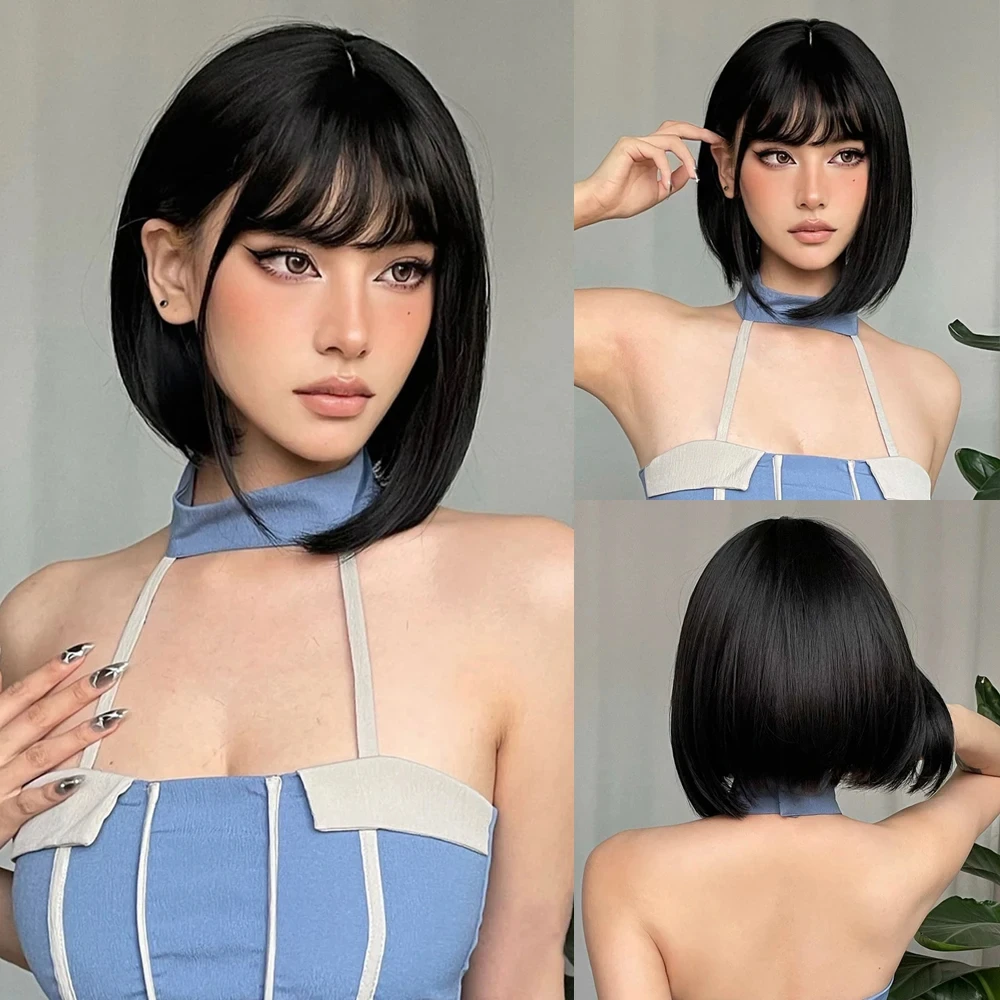 Color: P2/350, Stretched Length: 12inches - Bob Black Synthetic Wigs Straight Cosplay Short Daily Natural Looking Hair Wig with Bangs Heat Resistant Fiber for Women Afro
