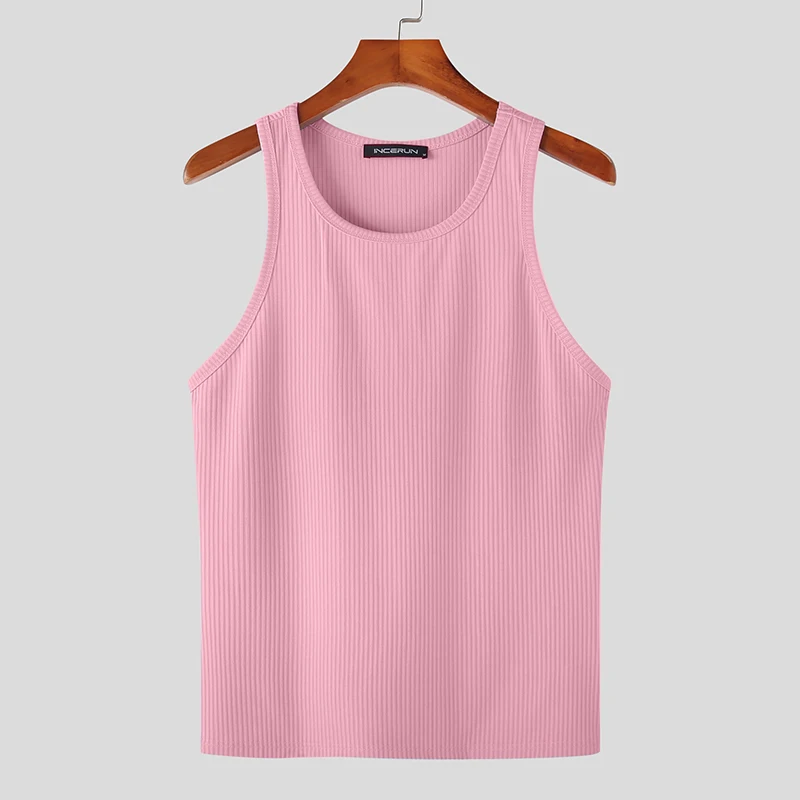 Color: Pink, Size: XL - INCERUN Men Tank Tops Solid Color O-neck Sleeveless Streetwear Summer Casual Vests Skinny 2023 Fashion Leisure Men Clothing 5XL