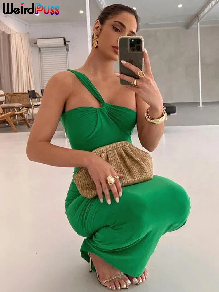 Color: Green, Size: L - Weird Puss Hollow Sexy Women Elegant Dress Cross Ruched Chic Design Sleeveless Skinny Stylish Bodycon Birthday Party Vestidos