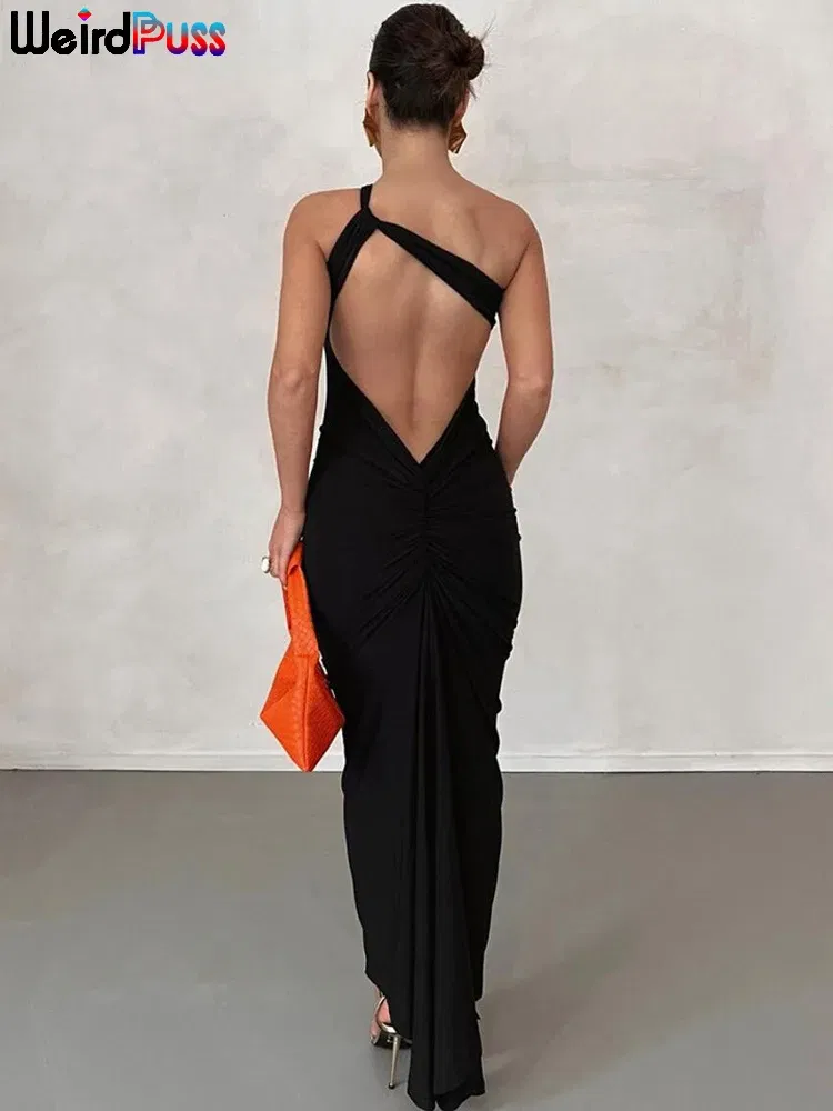 Color: Green, Size: L - Weird Puss Hollow Sexy Women Elegant Dress Cross Ruched Chic Design Sleeveless Skinny Stylish Bodycon Birthday Party Vestidos