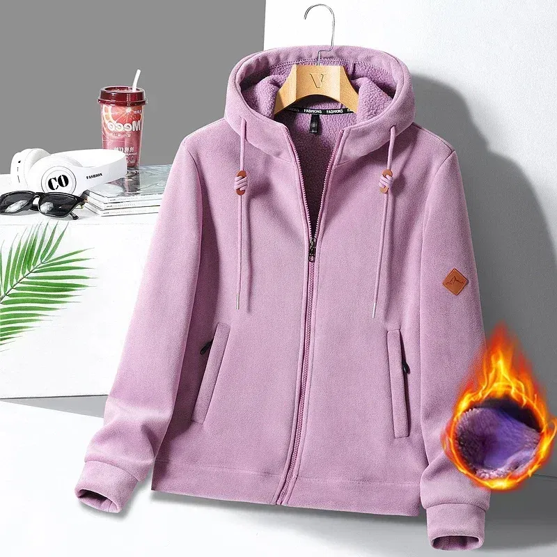 Color: PURPLE, Size: L - Winter Warm Cashmere Jacket Mens High-end Ski Fleece Iined Thickened Hoodie Coat Casual Womens Outdoor Camping Cold-proof Jacket