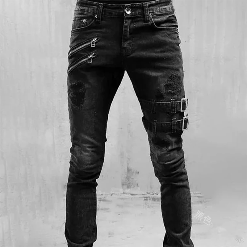 Color: Brown, Size: XL, Ships From: CHINA - Men's Punk Hip Hop Black Fashion Jeans Spring summer New Rock Motorcycle Street Wear Tight Casual Denim pants Straight leg pants