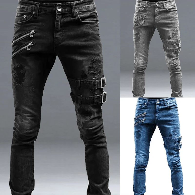 Color: Brown, Size: XL, Ships From: CHINA - Men's Punk Hip Hop Black Fashion Jeans Spring summer New Rock Motorcycle Street Wear Tight Casual Denim pants Straight leg pants