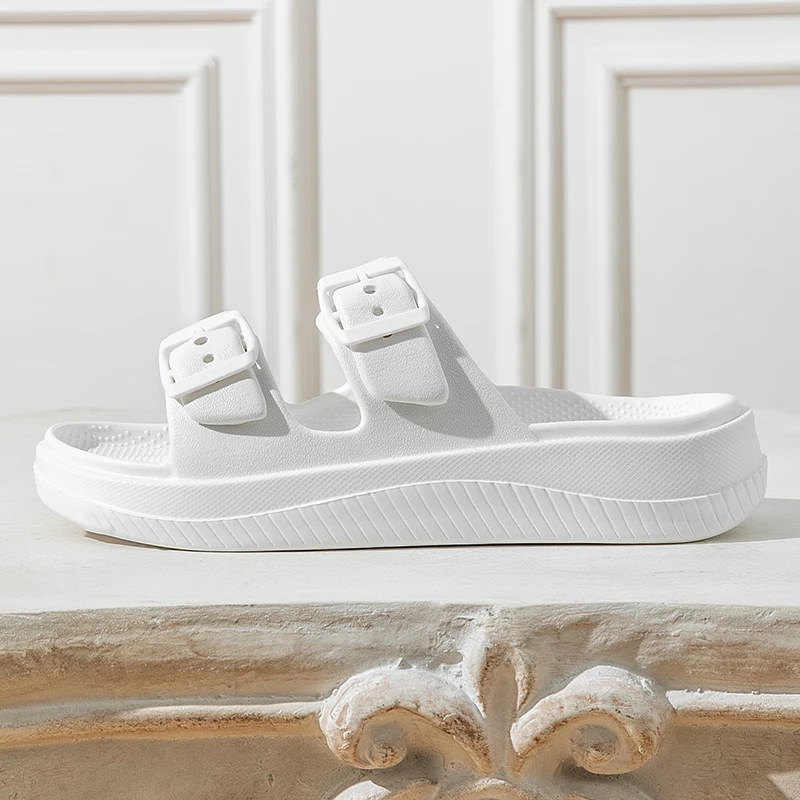 Color: Beige, Shoe Size: 33.5 - Thick Platform Cloud Slippers Women Double Buckle Soft Sole Pillow Slides Sandals Woman Summer Beach Non-Slip Flip Flops