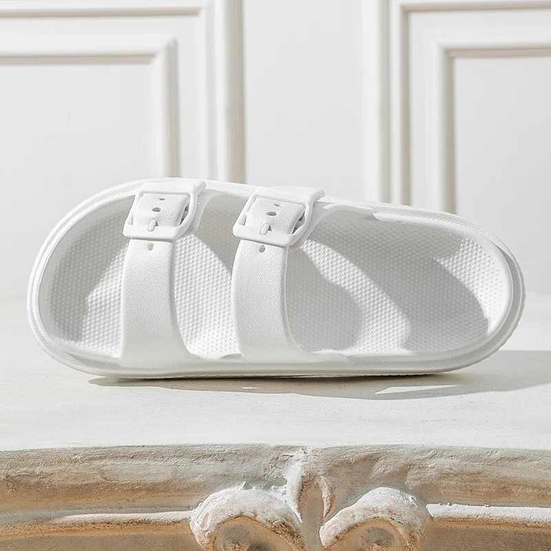 Color: Beige, Shoe Size: 33.5 - Thick Platform Cloud Slippers Women Double Buckle Soft Sole Pillow Slides Sandals Woman Summer Beach Non-Slip Flip Flops