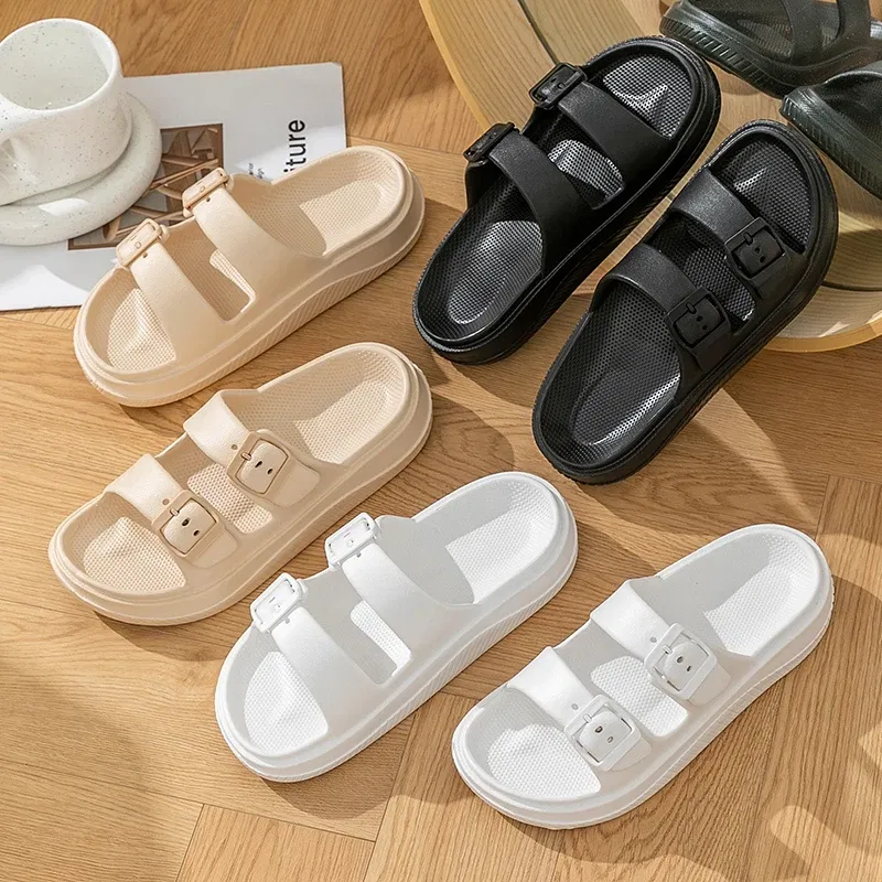 Color: Beige, Shoe Size: 33.5 - Thick Platform Cloud Slippers Women Double Buckle Soft Sole Pillow Slides Sandals Woman Summer Beach Non-Slip Flip Flops