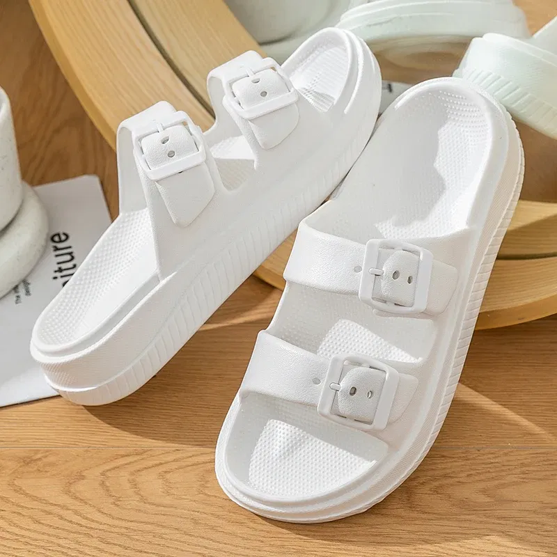 Color: Beige, Shoe Size: 33.5 - Thick Platform Cloud Slippers Women Double Buckle Soft Sole Pillow Slides Sandals Woman Summer Beach Non-Slip Flip Flops