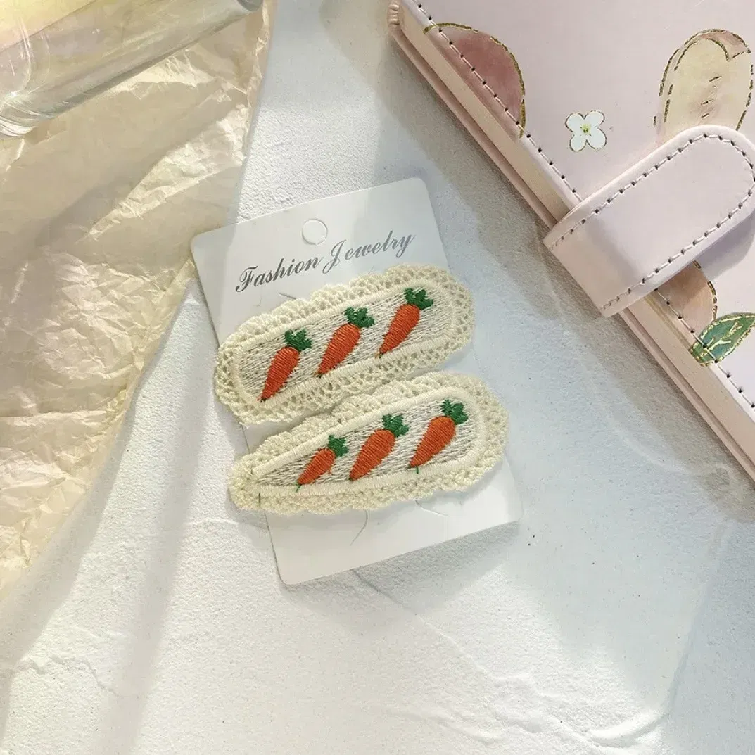 Color: Pink - 2Pcs Sweet Girl Embroidery Hairpin Lace Side Clip Cute Kids Hair Ornament Pastoral Style Fruit Pattern Headwear