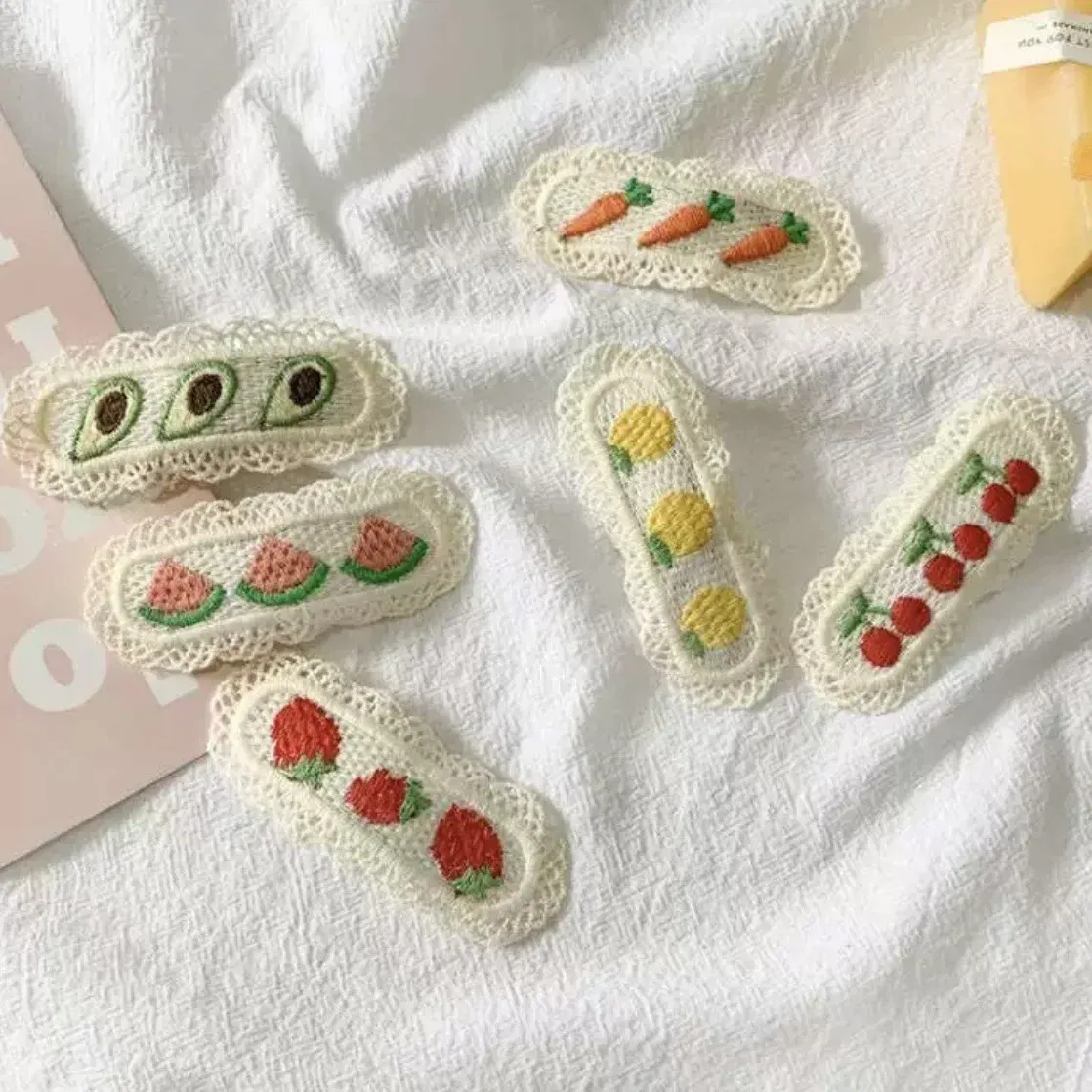 Color: Pink - 2Pcs Sweet Girl Embroidery Hairpin Lace Side Clip Cute Kids Hair Ornament Pastoral Style Fruit Pattern Headwear