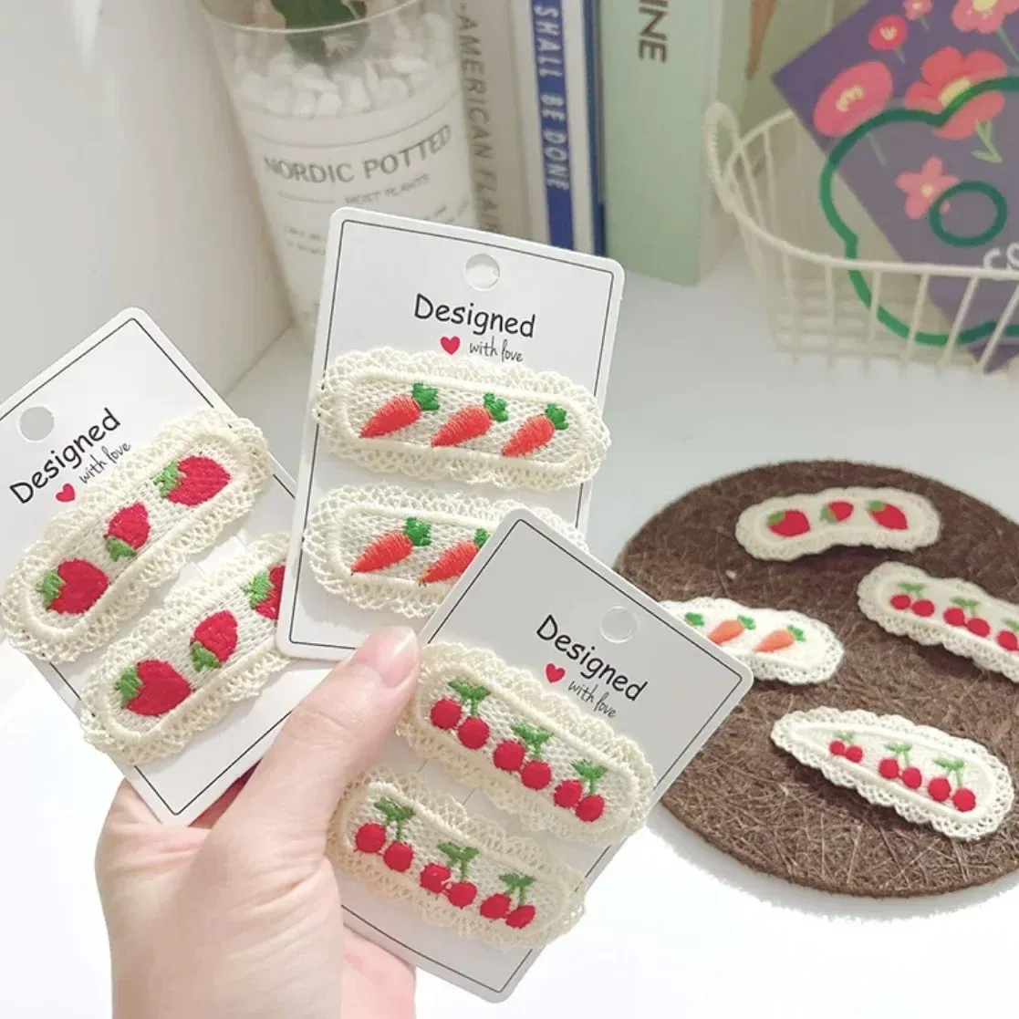 Color: Pink - 2Pcs Sweet Girl Embroidery Hairpin Lace Side Clip Cute Kids Hair Ornament Pastoral Style Fruit Pattern Headwear