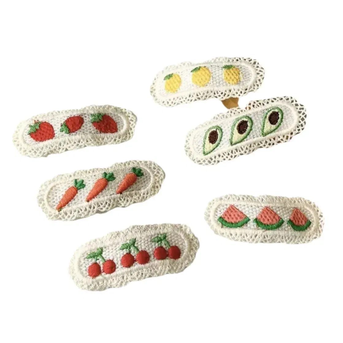 Color: Pink - 2Pcs Sweet Girl Embroidery Hairpin Lace Side Clip Cute Kids Hair Ornament Pastoral Style Fruit Pattern Headwear