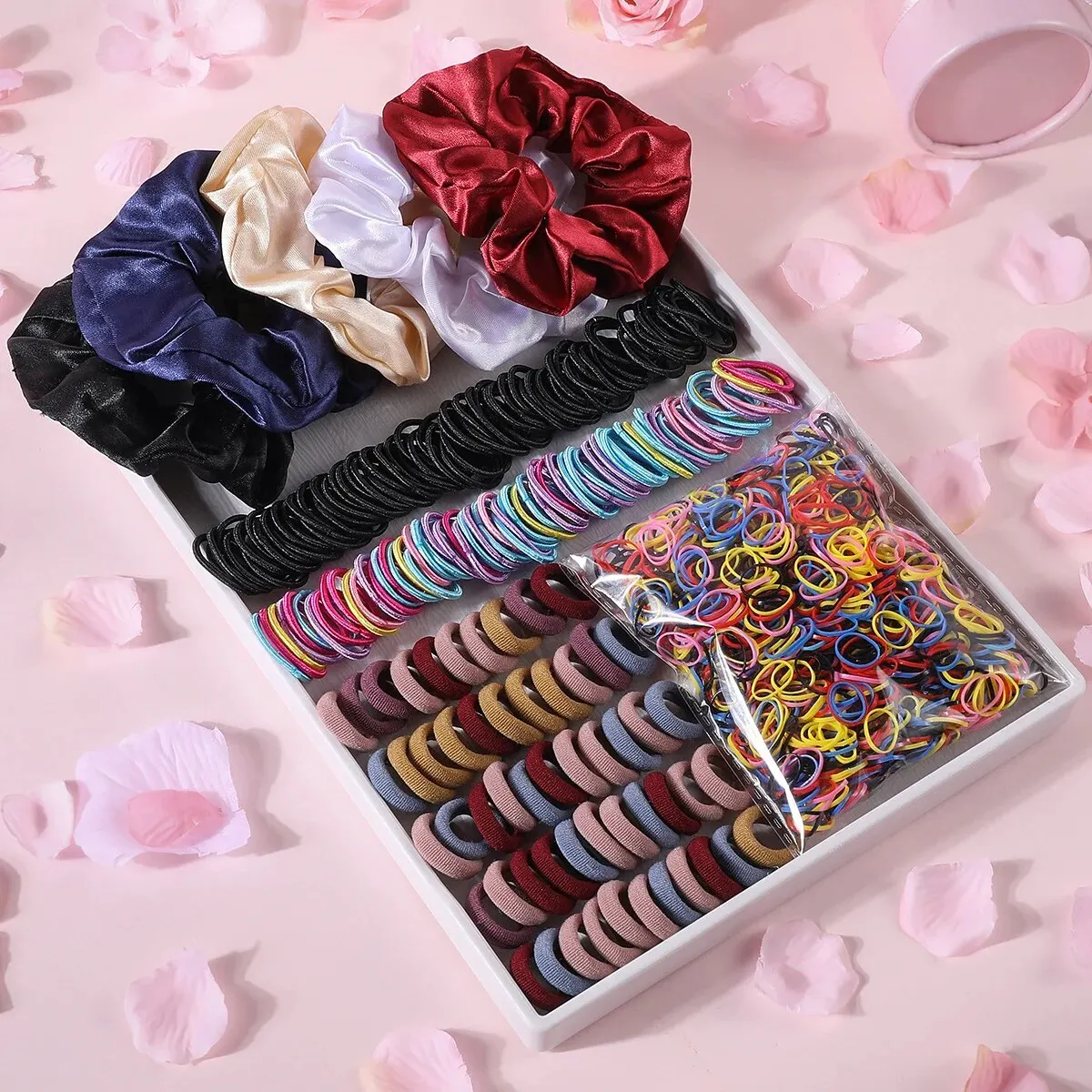 Color: GRAY - 2155Pcs Girls Colorful Hair Bands Set Nylon Elastic Rubber Band Satin Scrunchies Children Ponytail Holder Kids Hair Accessories