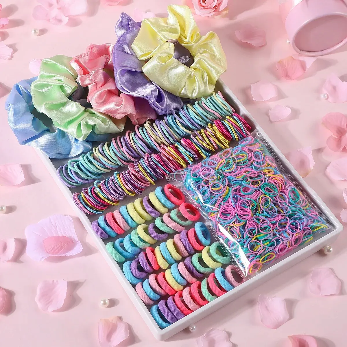 Color: GRAY - 2155Pcs Girls Colorful Hair Bands Set Nylon Elastic Rubber Band Satin Scrunchies Children Ponytail Holder Kids Hair Accessories