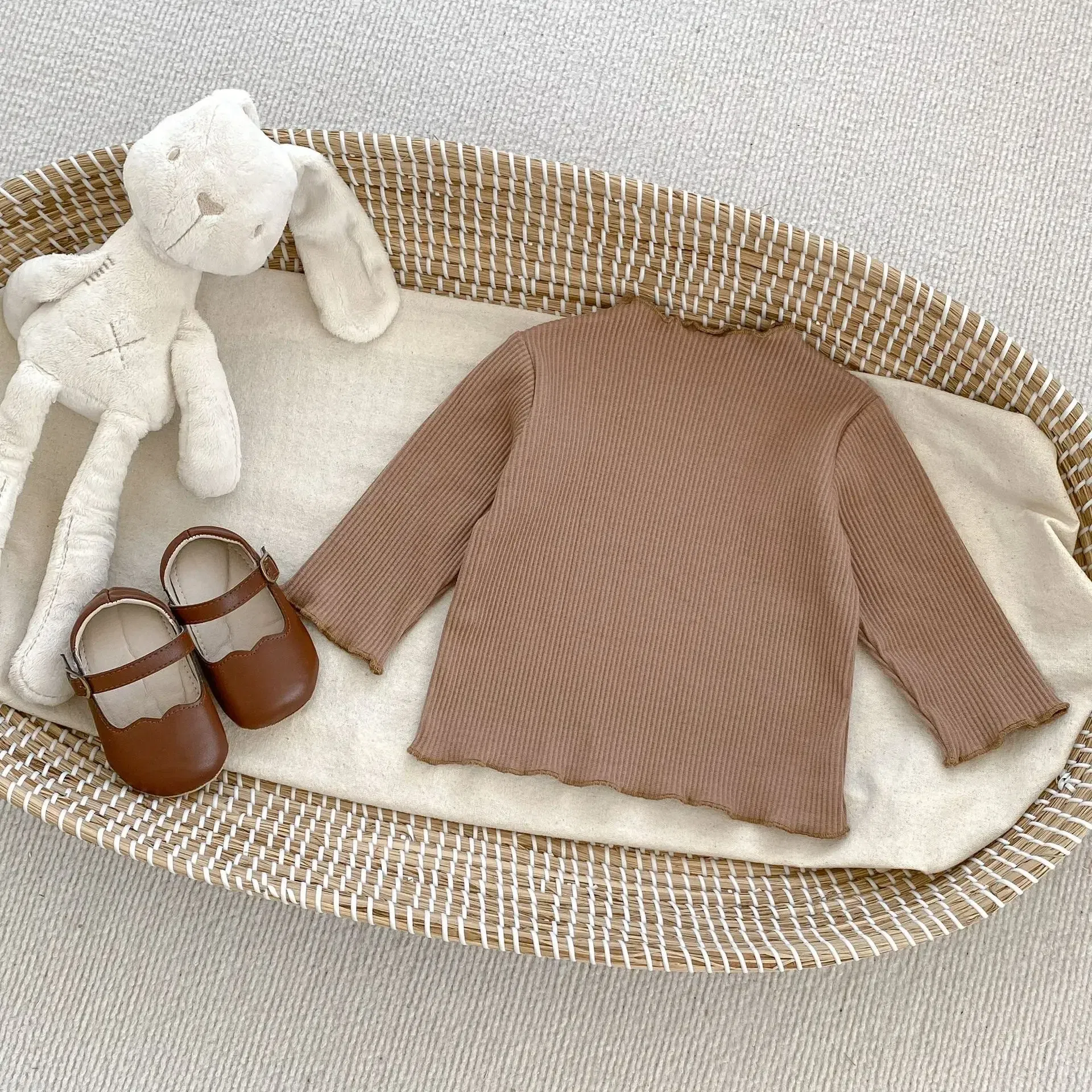 Color: GRAY, Kid Size: 9M - New Baby Long Sleeve T Shirt Girls Cotton Casual Tees Infant Ruffled Versatile Shirts Kids Floral Striped Bottoming Tops