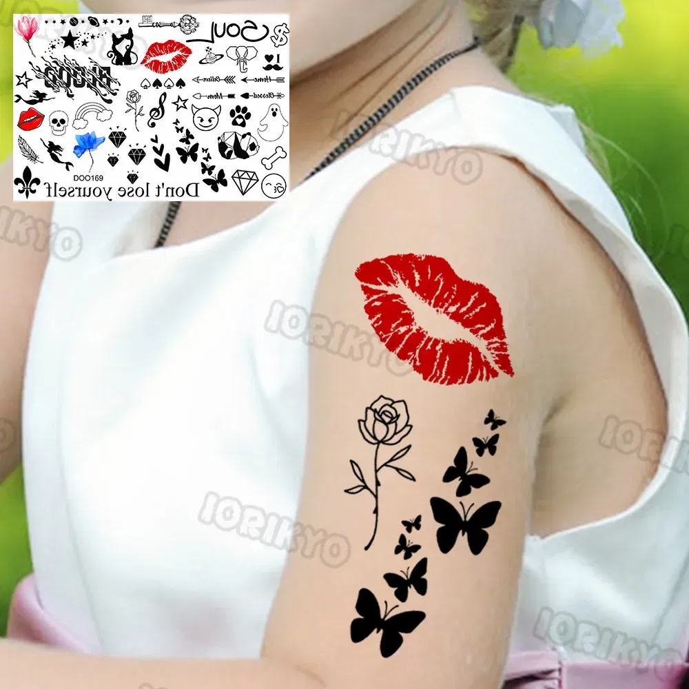 Color: Yellow - Sexy Red Lips Flower Temporary Tattoo For Kids Boys Girls Adult Small Rose Butterfly Tattoos Sticker Fake Tatoos Arm Neck Face