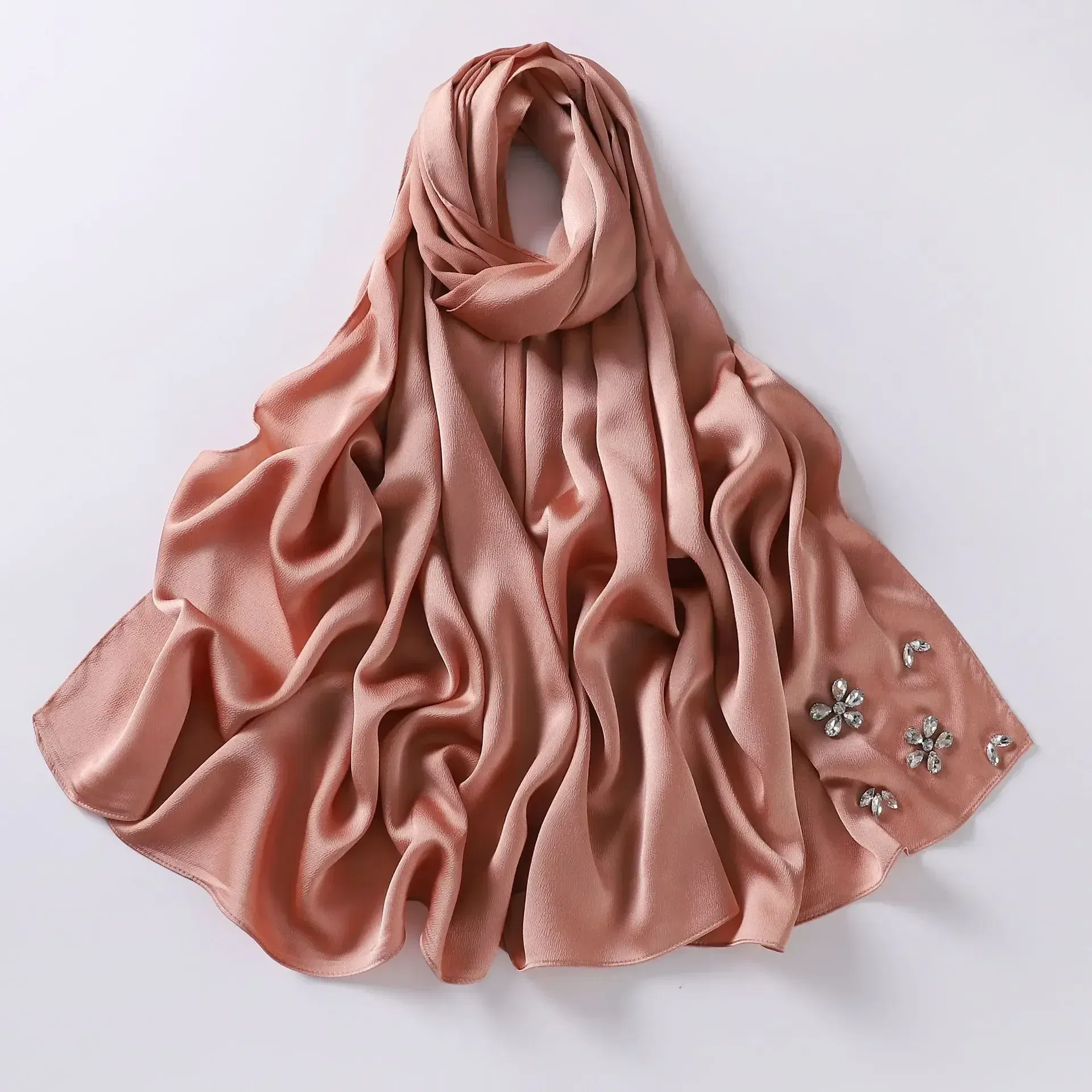 Color: Dusty Pink - New Designers Diamonds Satin Hijab Chiffon Scarf Women Luxury Silk Scarves Woman Turban Silk Scarfs for Women Bandana Headband