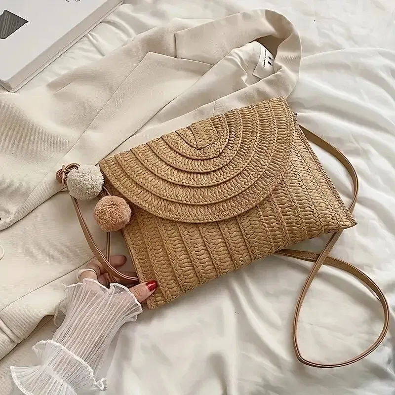 Color: Brown - Handmade Straw Beach Shoulder Crossbody Bag Girls Envelope Woven Summer Small Hair Ball Cluth