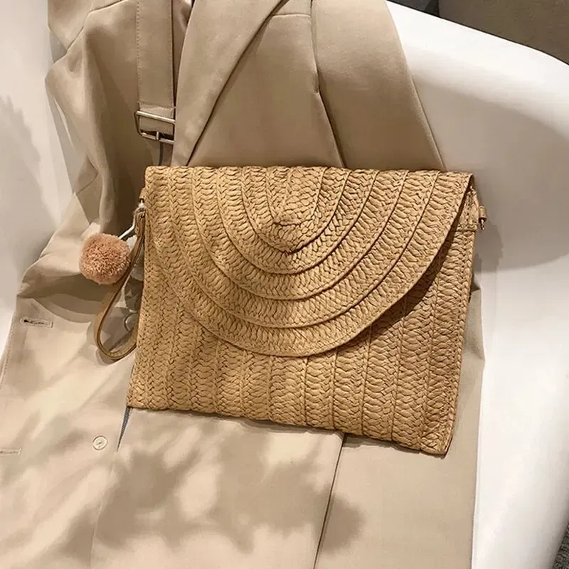Color: Brown - Handmade Straw Beach Shoulder Crossbody Bag Girls Envelope Woven Summer Small Hair Ball Cluth