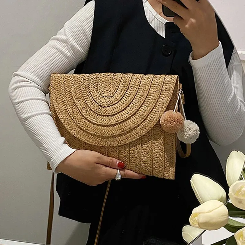 Color: Brown - Handmade Straw Beach Shoulder Crossbody Bag Girls Envelope Woven Summer Small Hair Ball Cluth