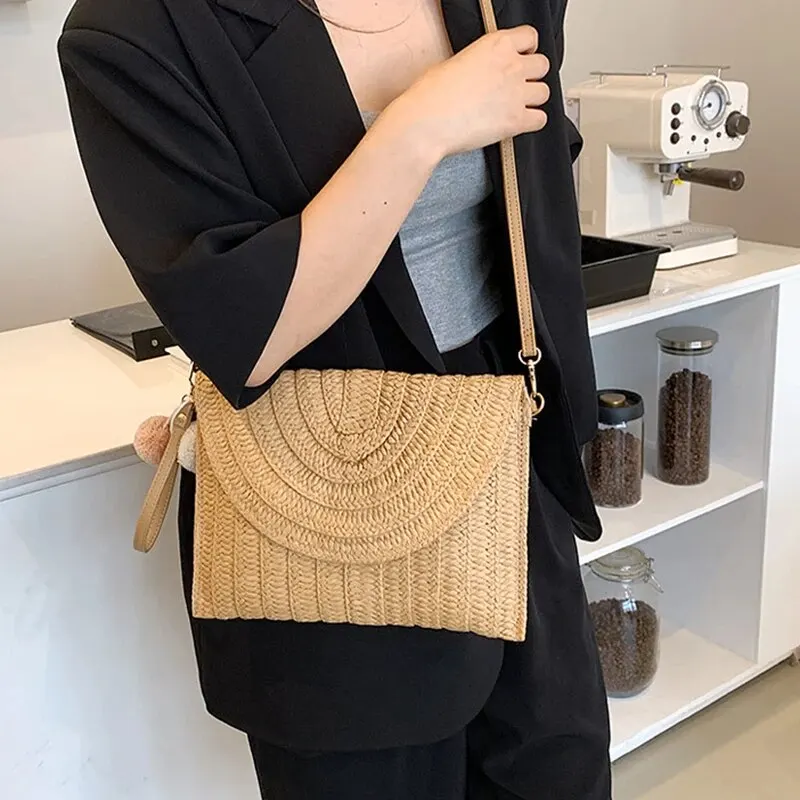 Color: Brown - Handmade Straw Beach Shoulder Crossbody Bag Girls Envelope Woven Summer Small Hair Ball Cluth