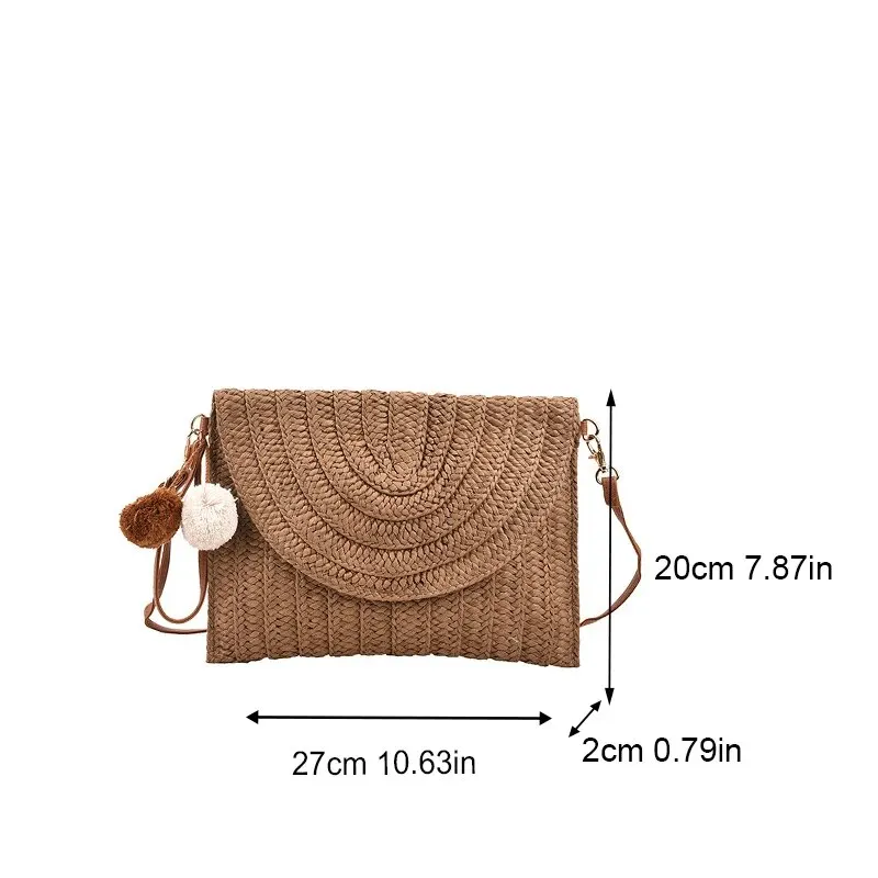 Color: Brown - Handmade Straw Beach Shoulder Crossbody Bag Girls Envelope Woven Summer Small Hair Ball Cluth