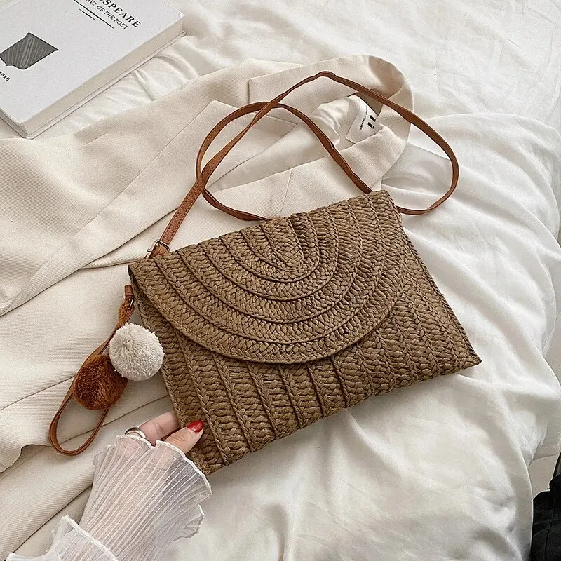 Color: Brown - Handmade Straw Beach Shoulder Crossbody Bag Girls Envelope Woven Summer Small Hair Ball Cluth