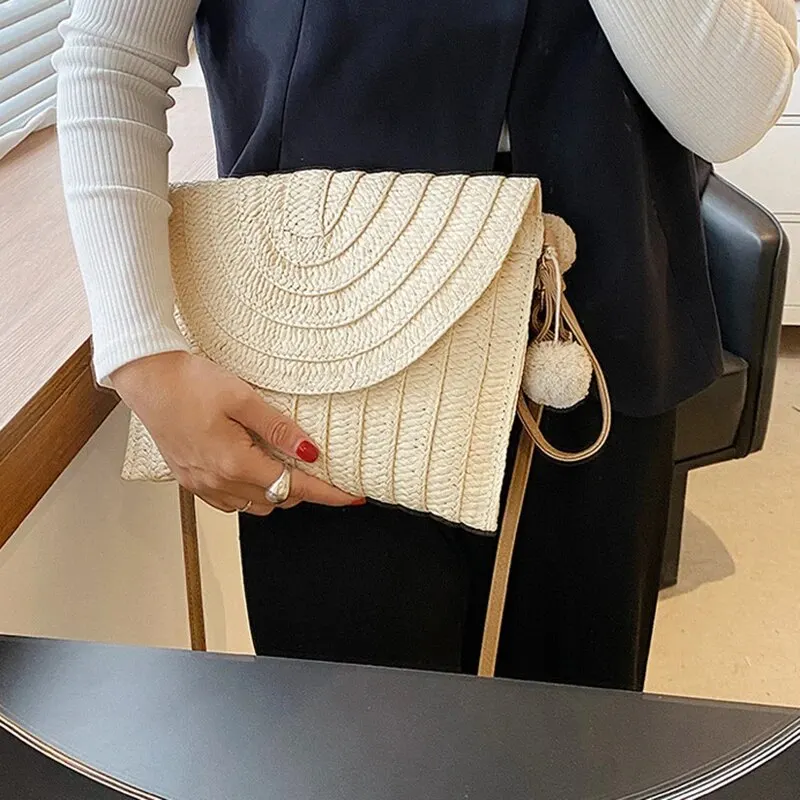 Color: Brown - Handmade Straw Beach Shoulder Crossbody Bag Girls Envelope Woven Summer Small Hair Ball Cluth