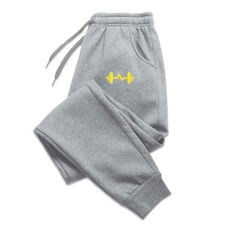 Size: XXL, Color: GRAY - 2024 Barbell Printed Fleece Men's Trousers Autumn Winter Pants Fashion Drawstring Casual Male Sweatpants Jogging Sports Pants