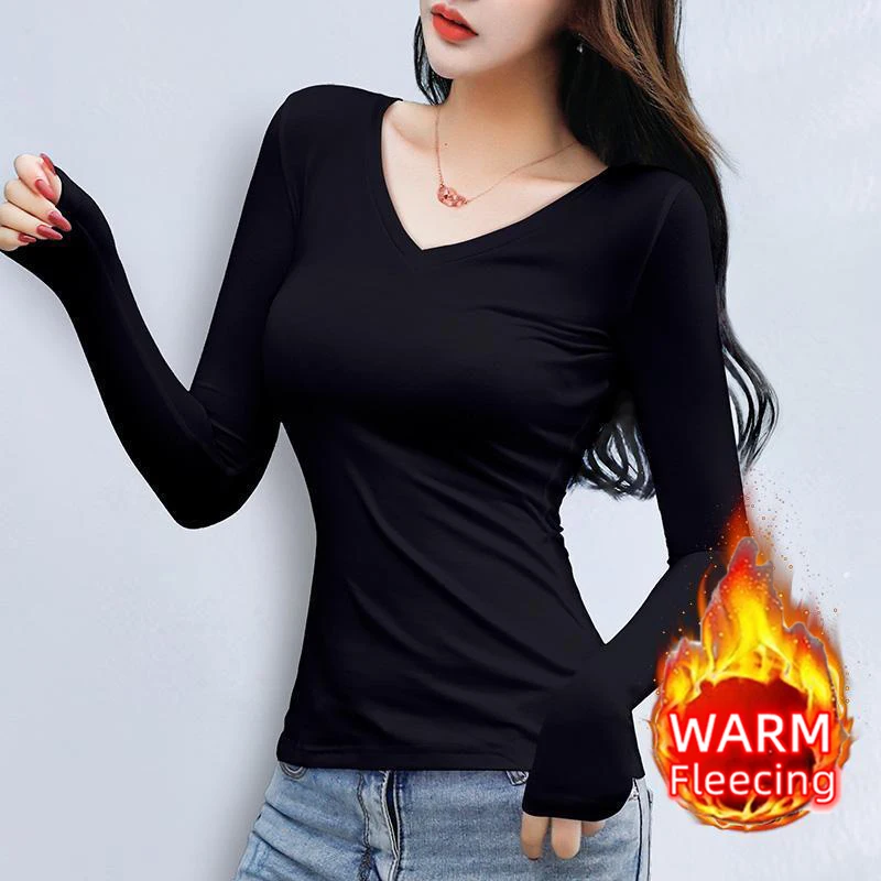 Color: Brown, Size: M - O Neck Long Sleeve Fleeceing Heating Fiber Thermal Basic T-Shirts Women Winter Bottoming Cropped Tops Casual Skinny All-match
