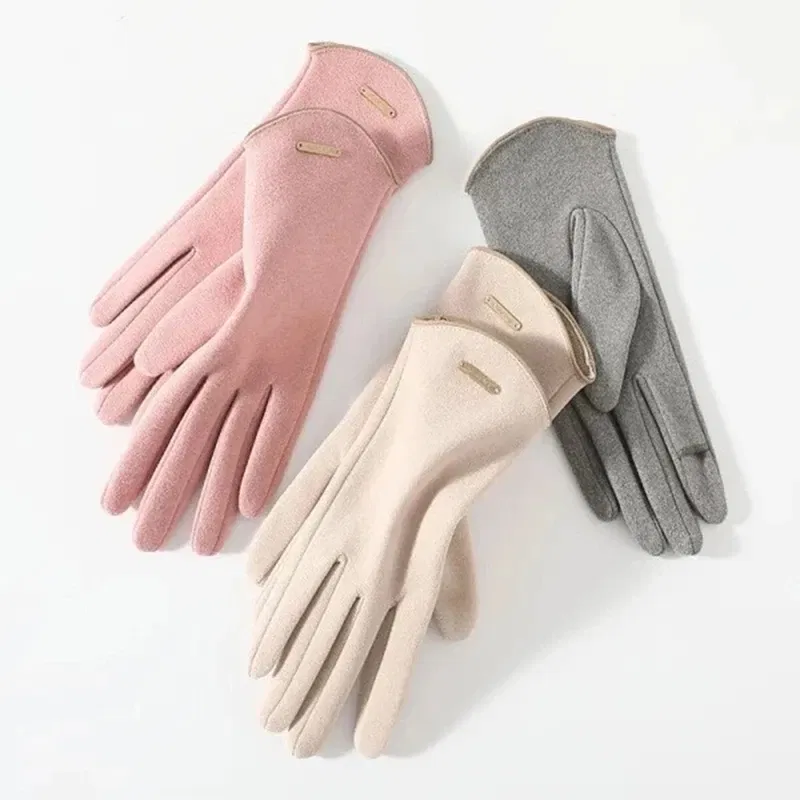 Color: Red, Gloves Size: One Size - Women Autumn Winter Keep Warm Touch Screen Thin Solid Simple Gloves Cycling Drive Suede Fabric Elegant Windproof