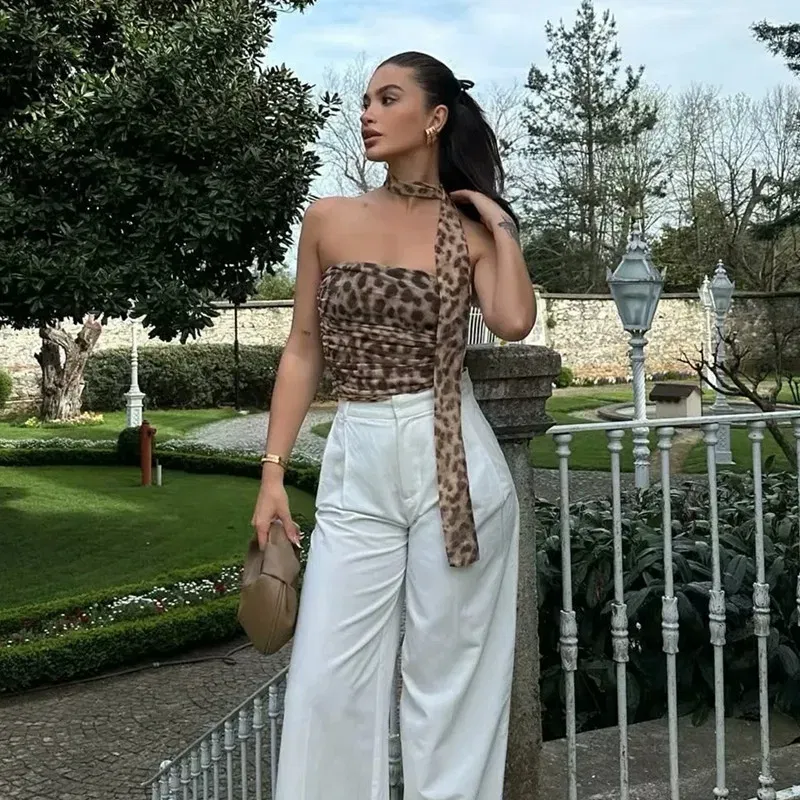 Color: Brown, Size: M - TRAF 2024 Woman Off Shoulder Tulle Crop Top Women Ruched Leopard Print Sexy Tube Tops Summer Sleeveless Backless Bandeau Top